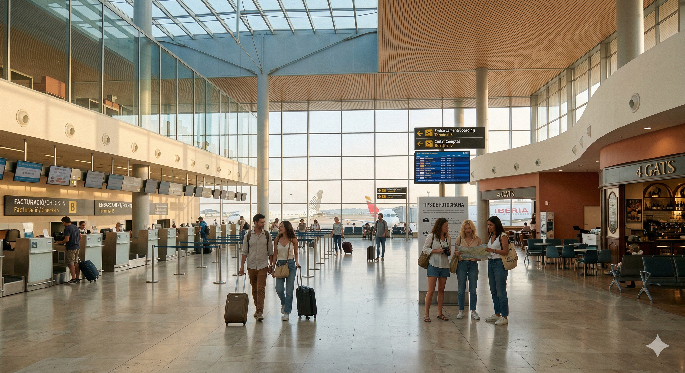 Aeropuerto de Barcelona El Prat Terminal B donde se rodó Vicky Cristina Barcelona — mural cerámico de Joan Miró localizaciones película Woody Allen